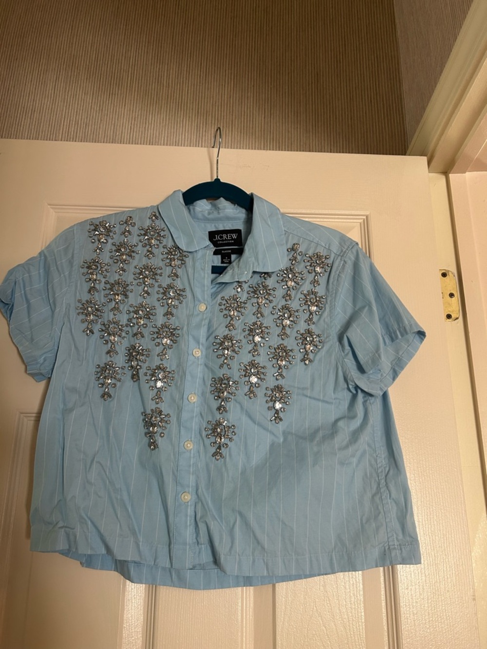 J. Crew Sky Blue Cropped Crystal-Embellished Button-Down - Picture 3 of 3